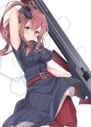 Rule 34 | 10s, 1girl, arm behind head, armpits, belt, belt buckle, black dress, black shirt, blouse, blue eyes, blush, breast pocket, breasts, brown hair, buckle, dress, flight deck, funnel, gun, jiino, kantai collection, large breasts, long hair, looking at viewer, neckerchief, pentagon (shape), pocket, red belt, red legwear, red neckerchief, saratoga (kancolle), saratoga mk ii (kancolle), shirt, side ponytail, simple background, smile, smokestack, solo, submachine gun, thompson submachine gun, upper body, weapon, white background