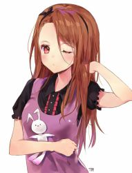 Rule 34 | 1girl, arm up, bad id, bad pixiv id, brown hair, frilled sleeves, frills, hairband, hand in own hair, idolmaster, idolmaster (classic), long hair, looking at viewer, minase iori, one eye closed, red eyes, signature, simple background, solo, stuffed animal, stuffed rabbit, stuffed toy, tr (kangtw123), upper body, white background