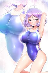 Rule 34 | 1girl, blue one-piece swimsuit, breasts, collarbone, commentary request, competition swimsuit, covered navel, embarrassed, highres, indie virtual youtuber, kagitsume, kneeling, large breasts, looking at viewer, mikado momo, one-piece swimsuit, purple hair, red eyes, short hair, solo, swimsuit, virtual youtuber, youtube, zoom layer