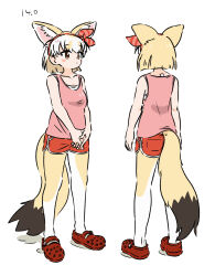 Rule 34 | 1girl, absurdres, animal ear fluff, animal ears, appleq, bare arms, bare shoulders, breasts, brown eyes, camisole, closed mouth, commentary request, crocs, dolphin shorts, fennec (kemono friends), fox ears, fox girl, fox tail, hairband, highres, kemono friends, light brown hair, multicolored hair, multiple views, own hands together, pink camisole, red footwear, red hairband, red shorts, short shorts, shorts, simple background, small breasts, tail, two-tone hair, white background, white hair