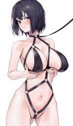 Rule 34 | 1girl, absurdres, black hair, blush, breasts, character request, commentary request, copyright request, highres, large breasts, leash, looking at viewer, poharo, purple eyes, short hair, simple background, solo, tagme, white background
