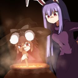 Rule 34 | 2girls, alternate costume, animal ears, carrot, cauldron, commentary, food, glowing, hair between eyes, hat, highres, inaba tewi, kirisame marisa, long hair, multiple girls, purple hair, rabbit ears, rabbit tail, red eyes, reisen udongein inaba, shirosato, steam, tail, touhou, very long hair, witch hat