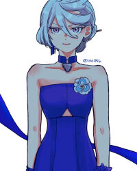Rule 34 | 1girl, bare arms, bare shoulders, blue choker, blue dress, blue ribbon, choker, commentary request, dress, frown, grey eyes, gundam, gundam suisei no majo, hair up, looking at viewer, miorine rembran, ribbon, simple background, solo, strapless, strapless dress, twitter username, vloodozer, vt104k, white background, white hair