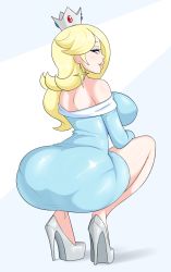 Rule 34 | 1girl, ass, back, bare shoulders, blonde hair, blue background, blue dress, blue eyes, breasts, closed mouth, crown, dress, earrings, from behind, full body, half-closed eyes, high heels, highres, huge ass, jewelry, large breasts, lips, long hair, long sleeves, looking at viewer, mario (series), nintendo, pantylines, rosalina, sealguy, solo, squatting, two-tone background, white background