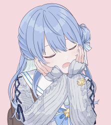 Rule 34 | 1girl, arutya, blue bow, blue bowtie, blue hair, blush, bow, bowtie, brooch, cardigan, closed eyes, commentary, grey cardigan, hair bun, half updo, hands on own face, hashtag-only commentary, head rest, highres, hololive, hoshimachi suisei, hoshimachi suisei (school uniform), jewelry, long hair, long sleeves, lower teeth only, official alternate costume, open mouth, sailor collar, single side bun, solo, star brooch, teeth, u u, upper body, virtual youtuber, white sailor collar
