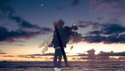 Rule 34 | 1boy, 1girl, arm around neck, black jacket, black pants, blazer, braid, brown hair, carrying, cloud, cloudy sky, crescent moon, evening, facing ahead, feet, feet out of frame, floating hair, french braid, from behind, hair ribbon, hetero, highres, holding, holding shoes, horizon, jacket, kenmochi touya, knees together feet apart, landscape, loafers, long hair, moon, night, night sky, nijisanji, no shoes, ocean, orange shirt, outdoors, pants, pants rolled up, pantyhose, photo (medium), pink ribbon, princess carry, ribbon, scabbard, scenery, school uniform, sheath, shirt, shoes, sky, straight hair, tsukino mito, virtual youtuber, water, weapon, weapon case, weapon on back, white pantyhose, wide shot, yuuzai