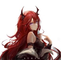 Rule 34 | 1girl, arknights, bad id, bad twitter id, bare shoulders, character name, demon girl, demon horns, dress, food, food on body, food on breasts, highres, horns, ice cream, infection monitor (arknights), jacket, long hair, looking at viewer, purple eyes, red hair, sawkm, simple background, solo, surtr (arknights), tongue, tongue out, white background