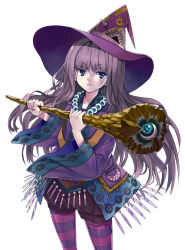 Rule 34 | 1girl, blue eyes, disembodied eye, dragon maker, female focus, frown, gaou (umaiyo puyoman), hat, highres, long hair, pantyhose, purple hair, simple background, single eye, solo, staff, striped clothes, striped pantyhose, white background, witch hat