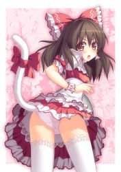 Rule 34 | 1girl, alternate costume, ass, bow, cat tail, dinyc, female focus, hakurei reimu, kemonomimi mode, lace, lace-trimmed legwear, lace trim, lifted by tail, looking back, panties, ribbon, solo, tail, tail bow, tail ornament, tail ribbon, thighhighs, touhou, tray, underwear, waitress, white thighhighs