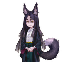 1girl animal_ears black_hair black_robe commentary_request commission fox_ears fox_girl fox_tail hakama hakama_skirt highres japanese_clothes long_hair original parted_bangs robe shaded_face shirt short_eyebrows skeb_commission skirt smile solo tail thick_eyebrows upper_body vss83904922 white_shirt wide_sleeves yellow_eyes