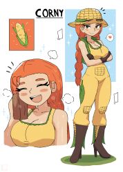 Rule 34 | 1girl, absurdres, blush, boots, braid, breasts, brown footwear, brown gloves, cleavage, closed eyes, collarbone, corn, corny (tony welt), crossed arms, farmer, food, food-themed clothes, gloves, green eyes, green vest, handkerchief, hat, heart, high heels, highres, large breasts, leaf, long hair, looking at viewer, multiple views, open mouth, original, overalls, personification, red hair, smile, sparkle, speech bubble, spoken heart, standing, sweat, tony welt, twin braids, vest, white background, wiping face, yellow hat, yellow overalls