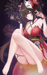Rule 34 | 1girl, absurdres, bare shoulders, barefoot, bell, black choker, bow, breasts, brown hair, choker, cleavage, dress, fireworks, fox mask, gloves, hair bow, highres, honkai: star rail, honkai (series), karsa, large breasts, long hair, looking at viewer, mask, mask on head, medium breasts, nail polish, neck bell, open mouth, pink eyes, red bow, red dress, sleeveless, smile, solo, sparkle (honkai: star rail), thighs, toenail polish, toenails, toes, twintails