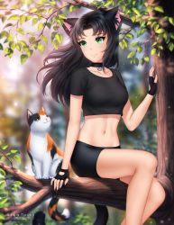Rule 34 | 1girl, animal ear fluff, animal ears, arm support, artist name, bike shorts, black choker, black gloves, black hair, black shirt, blurry, blurry background, breasts, cat, cat ears, cat girl, cat tail, choker, closed mouth, collarbone, commentary, cowboy shot, crop top, day, fingerless gloves, floating hair, gigamessy, gloves, green eyes, groin, highres, in tree, long hair, looking at animal, medium breasts, midriff, navel, original, outdoors, parted bangs, shirt, short sleeves, sidelocks, sitting, sitting in tree, slit pupils, smile, t-shirt, tail, taut clothes, taut shirt, tree