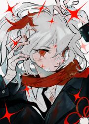 Rule 34 | 1boy, absurdres, bandaged arm, bandages, bandaid, bandaid on cheek, bandaid on face, bandaid on nose, black jacket, black necktie, blood, blood on clothes, blood on face, genshin impact, highres, jacket, kaedehara kazuha, long sleeves, looking at viewer, male focus, multicolored hair, necktie, open mouth, ponytail, red eyes, red hair, red scarf, scarf, shirt, solo, strayuu, white background, white hair, white shirt