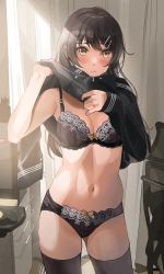 Rule 34 | 1girl, :t, bare arms, black bra, black hair, black panties, black shirt, blush, bow, bow bra, bow panties, bra, breasts, cleavage, clothes lift, curtains, drawer, floral print, hair ornament, hairclip, highres, indoors, lifted by self, light particles, long hair, long sleeves, looking at viewer, navel, original, panties, pout, sailor collar, school uniform, shirt, shirt lift, small breasts, solo, sunlight, sweat, sweatdrop, tipii, underwear, undressing, uniform, yellow eyes