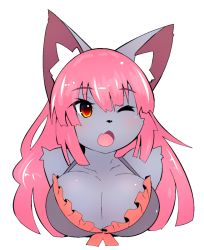 Rule 34 | 1girl, animal ear fluff, animal ears, animal nose, blush, body fur, breasts, cat ears, cat girl, collarbone, commentary request, furry, furry female, gachirin (mint0527), gray fur, kaenbyou rin, large breasts, long hair, looking to the side, one eye closed, open mouth, red eyes, simple background, solo, touhou, upper body, white background