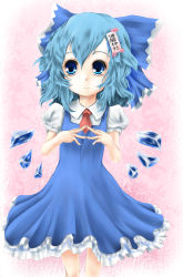 Rule 34 | 1girl, bad id, bad pixiv id, blue eyes, blue hair, cirno, dress, female focus, gradient background, hair ribbon, matching hair/eyes, messy hair, necktie, pink background, r0g0b0, red necktie, ribbon, short hair, solo, touhou, translation request, white background, wings