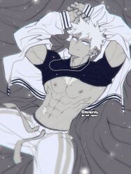 Rule 34 | 1boy, bakugou katsuki, boku no hero academia, clothes lift, ear piercing, earrings, highres, jacket, jewelry, male focus, monochrome, muscular, muscular male, necklace, nipples, niverins, pectorals, piercing, scar, scar on chest, shirt lift, solo