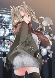 Rule 34 | 1girl, alternate costume, ass, bad id, bad twitter id, black thighhighs, brown scarf, city, city lights, closed mouth, coat, commentary, cowboy shot, from behind, fur trim, green coat, green eyes, green hair, grey hair, hair between eyes, hair ribbon, hand in pocket, kantai collection, lipstick, long hair, long sleeves, looking at viewer, looking back, makeup, ribbon, saiko (saisaka), scarf, smile, solo, striped, sweater, thighhighs, twintails, vertical stripes, white ribbon, white sweater, zuikaku (kancolle)