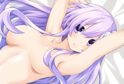 Rule 34 | 1girl, bed, breasts, d-pad, d-pad hair ornament, hair ornament, iwashi dorobou -r-, lying, nepgear, neptune (series), nude, purple eyes, purple hair, white background