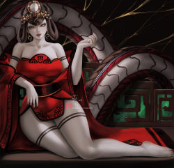 Rule 34 | 1girl, bare shoulders, barefoot, black hair, breasts, chinese clothes, detached sleeves, dress, earrings, feet, fingernails, hair ornament, highres, jewelry, large breasts, long hair, long sleeves, looking at viewer, nail polish, nuwa (megami tensei), red dress, sash, shin megami tensei, shin megami tensei v, simple background, snake, solo, thighs, toes, wei (promise 0820), yellow eyes