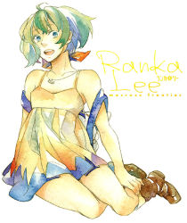 Rule 34 | 00s, 1girl, :d, ahoge, backpack, bad id, bad pixiv id, bag, blue eyes, boots, breasts, brown footwear, character name, collarbone, copyright name, dress, full body, green hair, hachi 888, hair ribbon, jewelry, macross, macross frontier, open mouth, pendant, ranka lee, red ribbon, ribbon, short dress, short hair, simple background, sitting, sleeveless, sleeveless dress, small breasts, smile, solo, strap slip, teeth, white background
