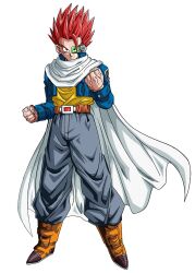 Rule 34 | 1boy, baggy pants, belt, blue jacket, boots, cape, dragon ball, dragon ball xenoverse, full body, grey pants, highres, jacket, mirai senshi, pants, red hair, scouter, shirt, simple background, solo, spiked hair, white background, white cape, yellow shirt