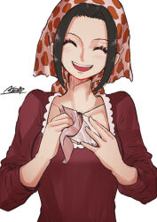 Rule 34 | 1girl, aosora2823, black hair, blush, breasts, collarbone, cup, dress, facing viewer, forehead, head scarf, head tilt, highres, holding, holding cup, makino (one piece), medium breasts, one piece, polka dot, polka dot scarf, red dress, scarf, signature, simple background, smile, solo, teeth, upper body, upper teeth only, white background, wiping