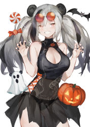 Rule 34 | 1girl, alternate costume, animal ears, arknights, bare shoulders, candy, claw pose, cleavage cutout, clothing cutout, commentary, english commentary, eyewear on head, fang, feater (arknights), food, halloween, highres, lollipop, long hair, miniskirt, nail polish, nashidrop, open mouth, panda ears, panda girl, red eyes, silver hair, skin fang, skirt, solo, turtleneck, twintails