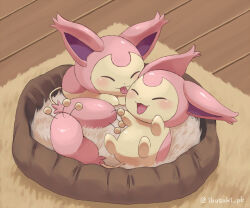 Rule 34 | carpet, closed eyes, creatures (company), fluffy, game freak, gen 3 pokemon, hands up, highres, ibusaki (ivu), legs up, licking, licking another&#039;s face, lying, nintendo, no humans, on back, on stomach, open mouth, pet bed, pokemon, pokemon (creature), skitty, smile, tongue, tongue out, twitter username, wooden floor
