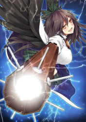 Rule 34 | 1girl, arm cannon, black hair, black wings, bow, breasts, cape, female focus, glowing, glowing weapon, hair bow, large breasts, looking at viewer, nakajou, open mouth, reiuji utsuho, shirt, skirt, smile, solo, third eye, touhou, weapon, wings, yellow eyes