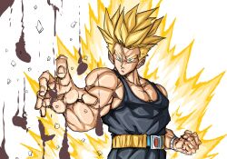 Rule 34 | after fight, android 18, aura, biceps, blonde hair, destruction, dragon ball, dragonball z, energy, green eyes, highres, ki blast, muscular, muscular male, pectoral cleavage, pectorals, robot parts, serious, spiked hair, super saiyan, tagme, trunks (dragon ball), trunks (future) (dragon ball), white background