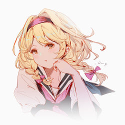 Rule 34 | 1girl, blonde hair, braid, character name, djeeta (back to school essentials) (granblue fantasy), djeeta (granblue fantasy), granblue fantasy, hair intakes, hairband, hand up, light blush, long hair, looking at viewer, neckerchief, parted lips, pink neckerchief, sailor collar, solo, translated, twin braids, upper body, vienri, yellow eyes