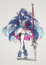 Rule 34 | 1girl, azura (fire emblem), blue hair, dress, fingerless gloves, fire emblem, fire emblem awakening, fire emblem fates, full body, fusion, gloves, grey background, gzei, heterochromia, holding, holding spear, holding weapon, looking at viewer, lucina (fire emblem), multicolored hair, nintendo, pantyhose, polearm, simple background, single leg pantyhose, solo, spear, thighhighs, two-tone hair, weapon