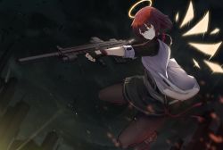 Rule 34 | 1girl, arknights, chinese commentary, commentary request, exusiai (arknights), fingerless gloves, gloves, gun, halo, holding, holding gun, holding weapon, mag (mag42), night, outdoors, pantyhose, red eyes, red hair, solo, suppressor, weapon, wings