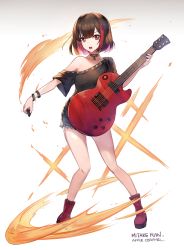 Rule 34 | 1girl, :o, apple caramel, artist name, bang dream!, bare shoulders, black hair, black shirt, black socks, blue shorts, boots, character name, collarbone, commentary request, gradient background, grey background, guitar, holding, holding instrument, instrument, looking at viewer, mitake ran, multicolored hair, off shoulder, open mouth, plectrum, red eyes, red footwear, red hair, revision, shirt, short hair, short shorts, shorts, socks, solo, standing, streaked hair, teeth, upper teeth only, white background