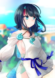 Rule 34 | 1girl, akio yuukan, bad id, bad pixiv id, bare shoulders, black hair, blue eyes, blue ribbon, blue sky, blurry, blurry background, blush, breasts, closed mouth, dress, fate/grand order, fate/requiem, fate (series), jewelry, long sleeves, looking to the side, magatama, magatama hair ornament, medium breasts, medium hair, multicolored hair, necklace, outdoors, pelvic curtain, pink hair, puffy long sleeves, puffy sleeves, ribbon, seigaiha, short dress, sideboob, sideless outfit, sky, streaked hair, thighs, utsumi erice, white dress