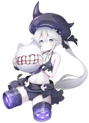 Rule 34 | 10s, 1girl, :o, abyssal ship, amputee, ball, beachball, bikini, black bikini, blue eyes, blush, breasts, cleavage, collarbone, colored skin, destroyer princess, double amputee, fake horns, glowing, hair between eyes, hat, highres, holding, holding ball, horned headwear, horns, kantai collection, long hair, navel, open mouth, side ponytail, sidelocks, simple background, small breasts, solo, sumisu (mondo), swimsuit, very long hair, white hair, white skin