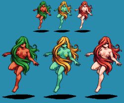 Rule 34 | 3girls, alraune (megami tensei), barefoot, blonde hair, breasts, chabo (fuketsudan), colored skin, dark-skinned female, dark skin, demon girl, feet, green hair, green skin, large areolae, long hair, megami tensei, megami tensei ii, multiple girls, nipples, nude, pixel art, red hair, succubus (megami tensei), toes, undine (megami tensei), very long hair