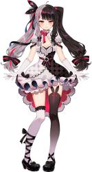 Rule 34 | 1girl, arutera, asymmetrical footwear, asymmetrical legwear, black footwear, black hair, black thighhighs, blush, breasts, cleavage, closed mouth, frills, full body, long hair, looking at viewer, medium breasts, mismatched legwear, multicolored hair, nijisanji, official art, polka dot, red eyes, red hair, silver hair, smile, solo, split-color hair, standing, streaked hair, striped, thighhighs, transparent background, two-tone dress, two-tone hair, uneven footwear, uneven legwear, vertical stripes, very long hair, virtual youtuber, white thighhighs, yorumi rena, zettai ryouiki
