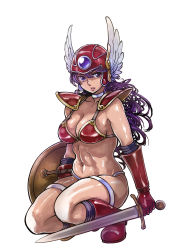 Rule 34 | 1girl, abs, armor, bikini armor, boots, chunsoft, dragon quest, dragon quest iii, elbow gloves, enix, gloves, helmet, highres, long hair, muscular, navel, purple eyes, purple hair, red armor, shield, soldier (dq3), solo, square enix, sword, twinpoo, weapon, winged helmet