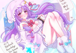 Rule 34 | 1girl, ass, blue bow, blunt bangs, blush, book, boots, bow, breasts, cleavage, crescent, dress, giorgio (yo sumire sola1), hair bow, hat, highres, holding, large breasts, long hair, long sleeves, looking at viewer, lying, mob cap, patchouli knowledge, purple eyes, purple hair, red bow, solo, striped, touhou, very long hair, white footwear