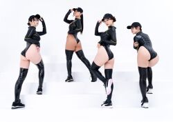 Rule 34 | 4girls, arm support, asian, ass, bare legs, baseball cap, black hair, black leotard, black thighhighs, breasts, full body, hat, highleg, highleg leotard, highres, japanese (nationality), leotard, lips, long hair, looking at viewer, looking back, looking to the side, low ponytail, medium breasts, model, model request, multiple girls, photo (medium), ririkana, rosemelle, shiny clothes, shiny skin, simple background, sitting, skindentation, small breasts, thighhighs, thighs, thong leotard, white background