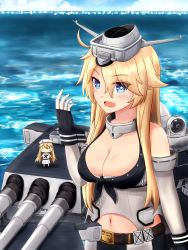 Rule 34 | 16-inch/50-caliber mark 7 gun, 2girls, artillery, belt buckle, blonde hair, blue eyes, breasts, buckle, cannon, cleavage, cowboy shot, elbow gloves, fairy (kancolle), fingerless gloves, front-tie top, gloves, highres, iowa (kancolle), kantai collection, kuneamorai, large breasts, machinery, multiple girls, naval artillery, naval gun, navel, ocean, open mouth, smile, star-shaped pupils, star (symbol), symbol-shaped pupils, thighhighs, turret