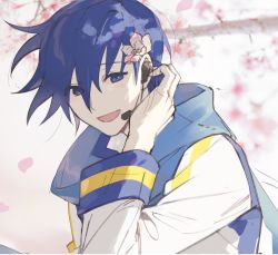 Rule 34 | 1boy, 1c3ink3tk4n, blue eyes, blue hair, cherry blossoms, flower, hair behind ear, hair flower, hair ornament, tucking hair, hand up, headset, highres, kaito (vocaloid), male focus, open mouth, pale skin, petals, scarf, shy, smile, solo, branch, tree shade, upper body, vocaloid, wind
