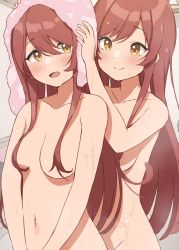 Rule 34 | 2girls, blush, breasts, brown hair, closed mouth, collarbone, completely nude, dot nose, hair between eyes, hair censor, highres, idolmaster, idolmaster shiny colors, light smile, long hair, medium breasts, multiple girls, navel, nude, open mouth, osaki amana, osaki tenka, siblings, sisters, towel, unfinished, upper body, wanimaru, wet, yellow eyes