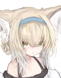 Rule 34 | 1girl, animal ear fluff, animal ears, arknights, bad id, bad twitter id, bare shoulders, blonde hair, blue hairband, braid, braided hair rings, close-up, commentary request, fox ears, green eyes, hair between eyes, hair rings, hairband, highres, long hair, looking at viewer, material growth, multicolored hair, oripathy lesion (arknights), parted lips, piennamekuzi, simple background, solo, suzuran (arknights), two-tone hair, upper body, white background, white hair