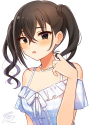 Rule 34 | 1girl, bare shoulders, blue dress, blush, bow, bowtie, breasts, brown eyes, brown hair, cleavage, collarbone, commentary request, dot nose, dress, frilled dress, frills, hair between eyes, hair tie, hand up, highres, idolmaster, idolmaster cinderella girls, idolmaster cinderella girls starlight stage, jewelry, lace, lace-trimmed dress, lace trim, long hair, looking at viewer, mmmakaron888, mole, mole under eye, necklace, off-shoulder dress, off shoulder, parted lips, plaid, plaid dress, sharp teeth, short sleeves, signature, simple background, small breasts, solo, sunazuka akira, teeth, twintails, upper body, upper teeth only, white background, white bow, white bowtie