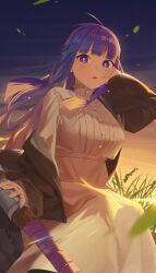 Rule 34 | 1girl, absurdres, arm behind head, black robe, blunt bangs, blurry, breasts, commentary, depth of field, fern (sousou no frieren), floating hair, highres, large breasts, long hair, looking at viewer, mm (mhm2592), outdoors, purple eyes, purple hair, robe, shirt, shirt tucked in, sidelocks, sitting, skirt, solo, sousou no frieren, staff, very long hair, white shirt, white skirt