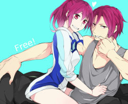 Rule 34 | 10s, 1boy, 1girl, bad id, bad pixiv id, brother and sister, fang, finger in own mouth, free!, grin, heart, jacket, long hair, mamiya (sheena-1125), matsuoka gou, matsuoka rin, muscular, ponytail, red eyes, red hair, sharp teeth, siblings, sitting, sitting on lap, sitting on person, smile, teeth, track jacket